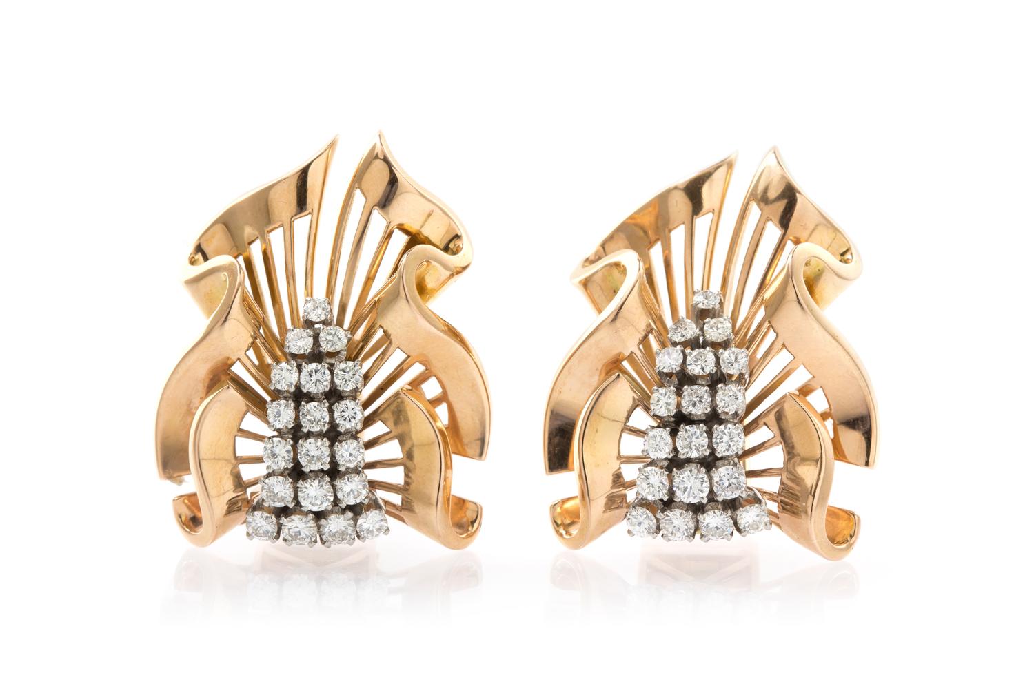 A Pair of Retro Rose Gold, Platinum and Diamond Dressclips, 25.50 dwts.