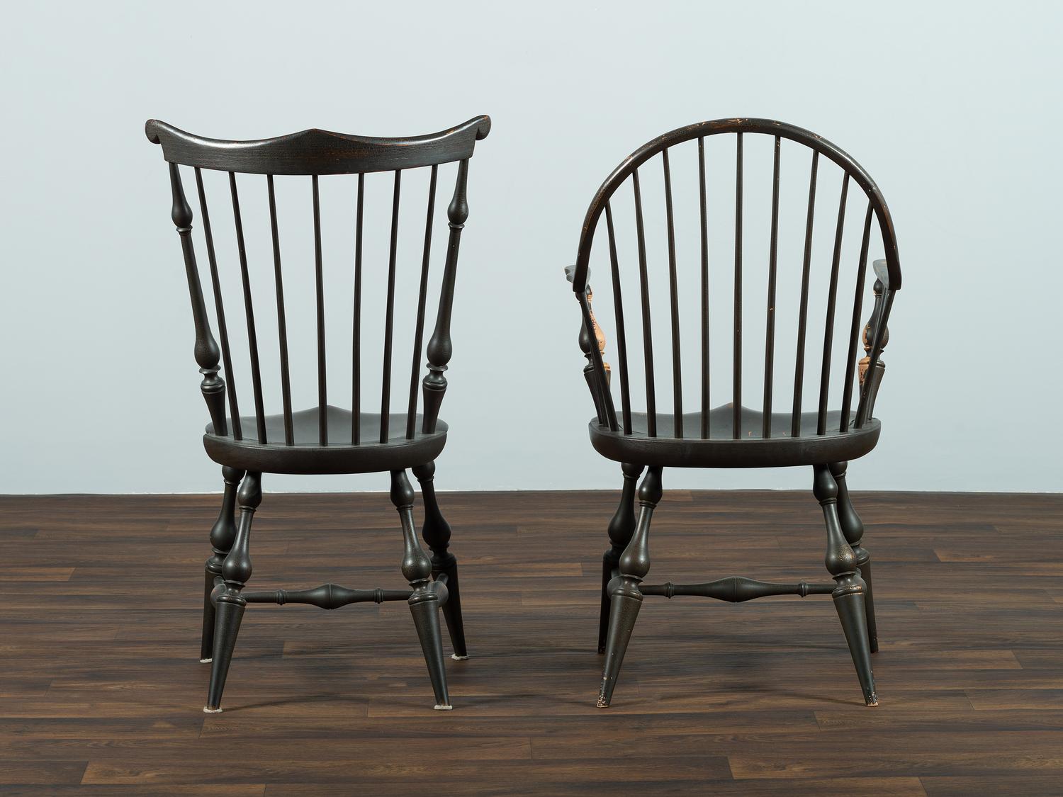 Two D.R. Dimes Black Painted Windsor Chairs