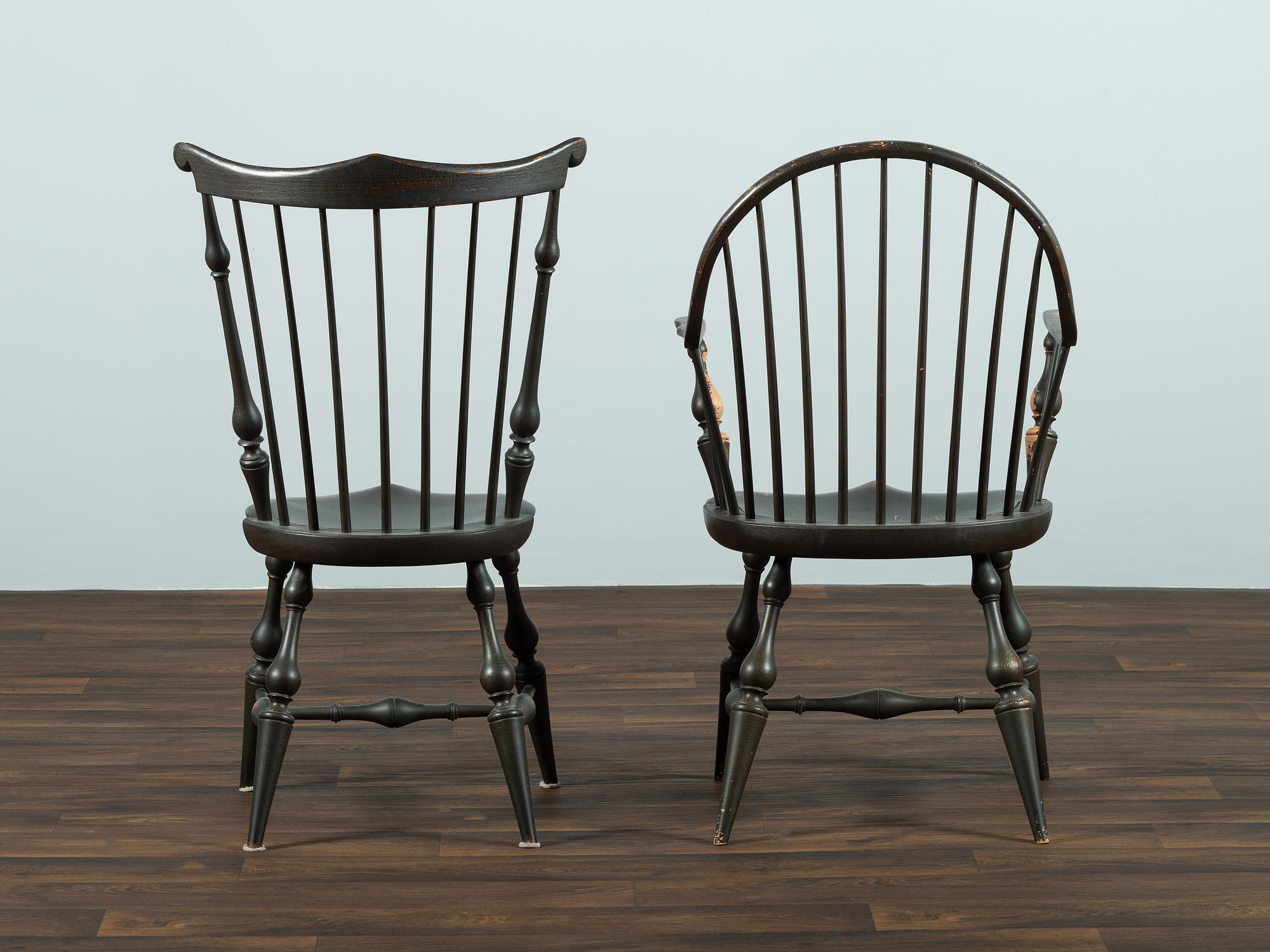 Two D.R. Dimes Black Painted Windsor Chairs