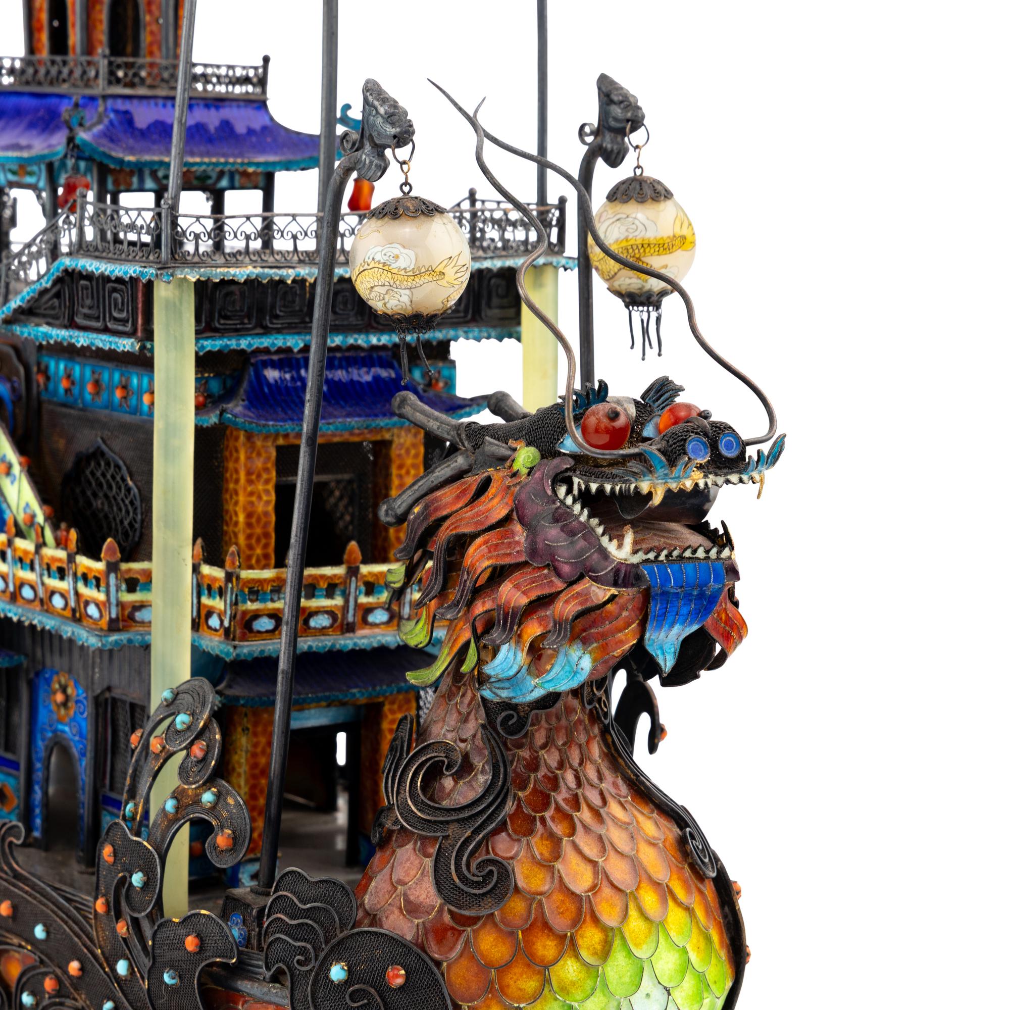 A Chinese Silver, Enamel and Hardstone Mounted Model of a Boat