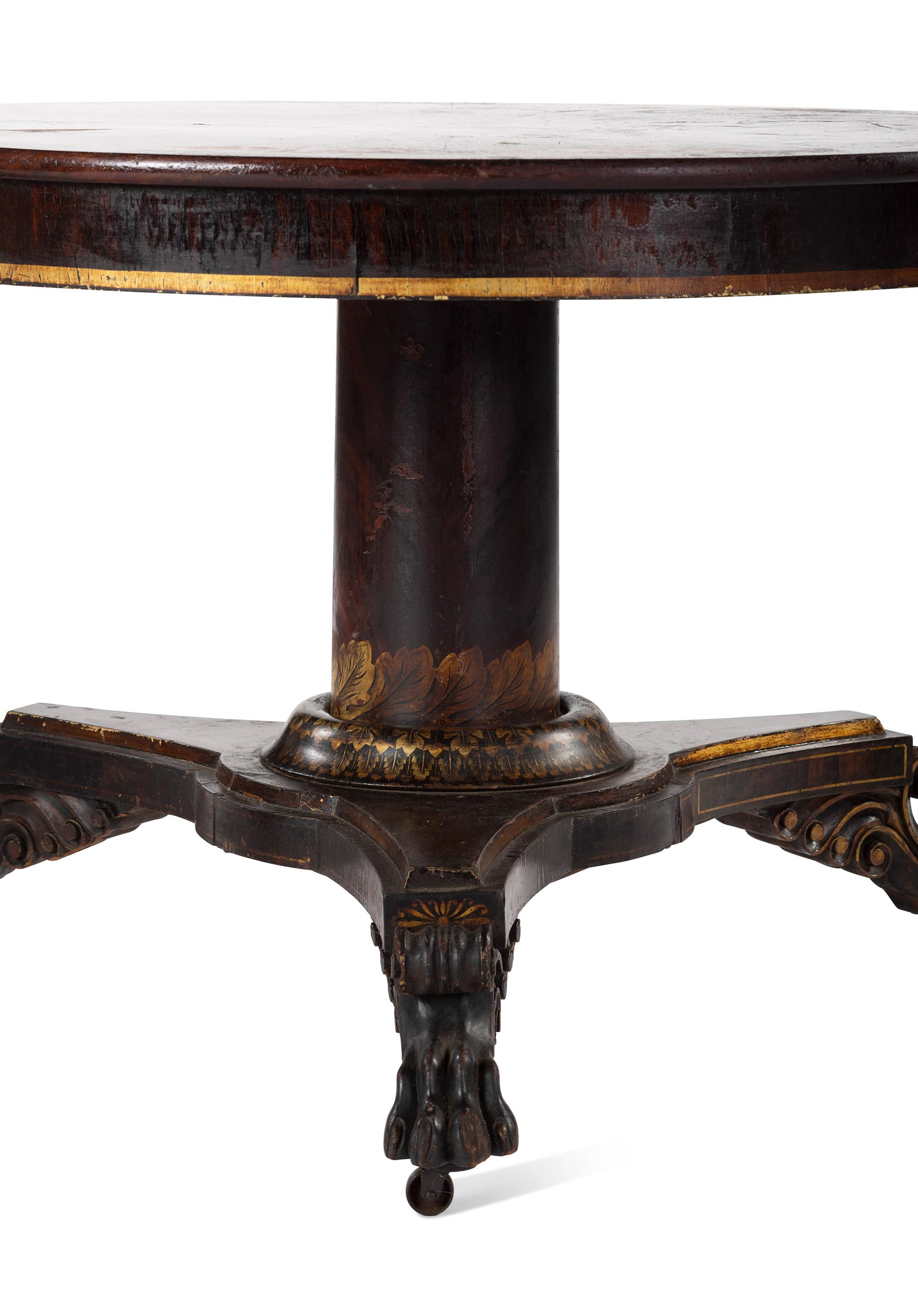 A Classical Parcel Gilt, Stencil Decorated, Carved and Inlaid Mahogany Tilt-Top Claw-Foot Breakfast Table