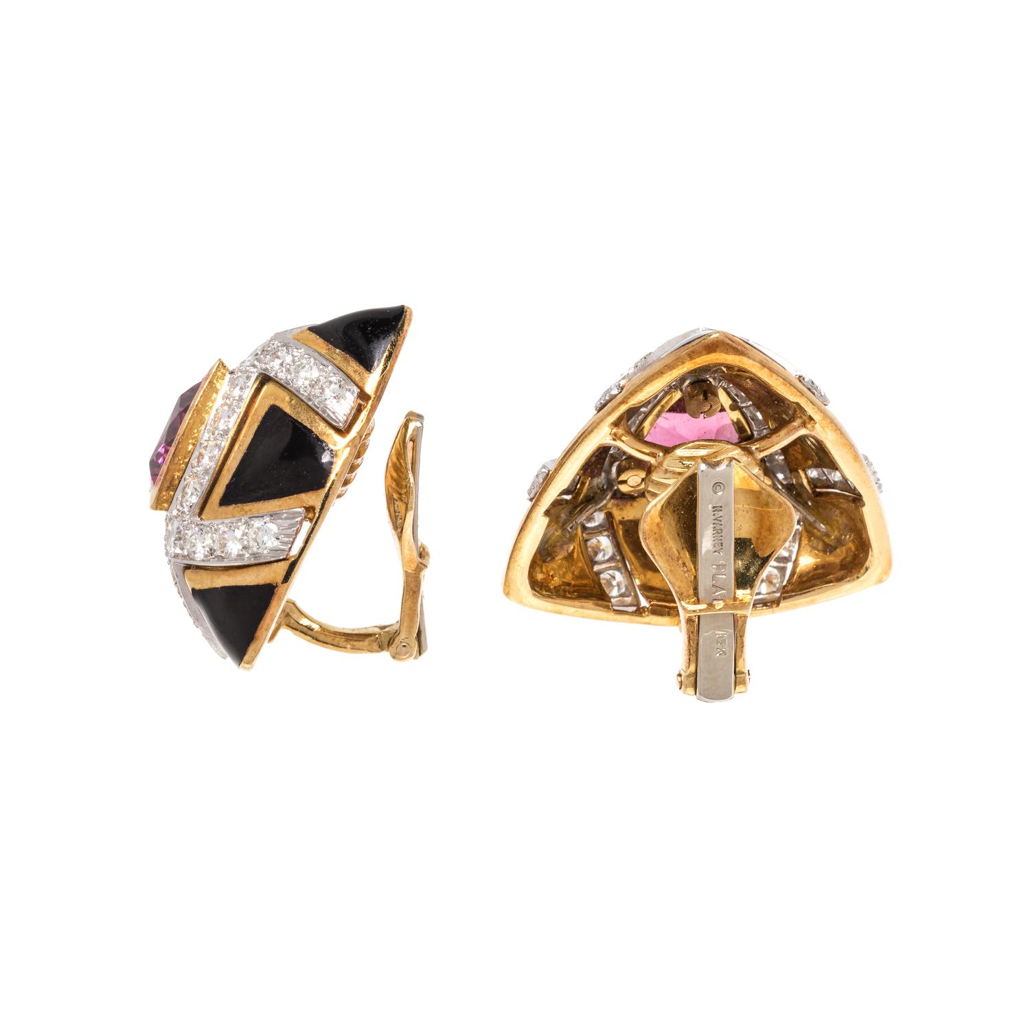 NICHOLAS VARNEY, PINK TOURMALINE, DIAMOND AND ENAMEL EARCLIPS