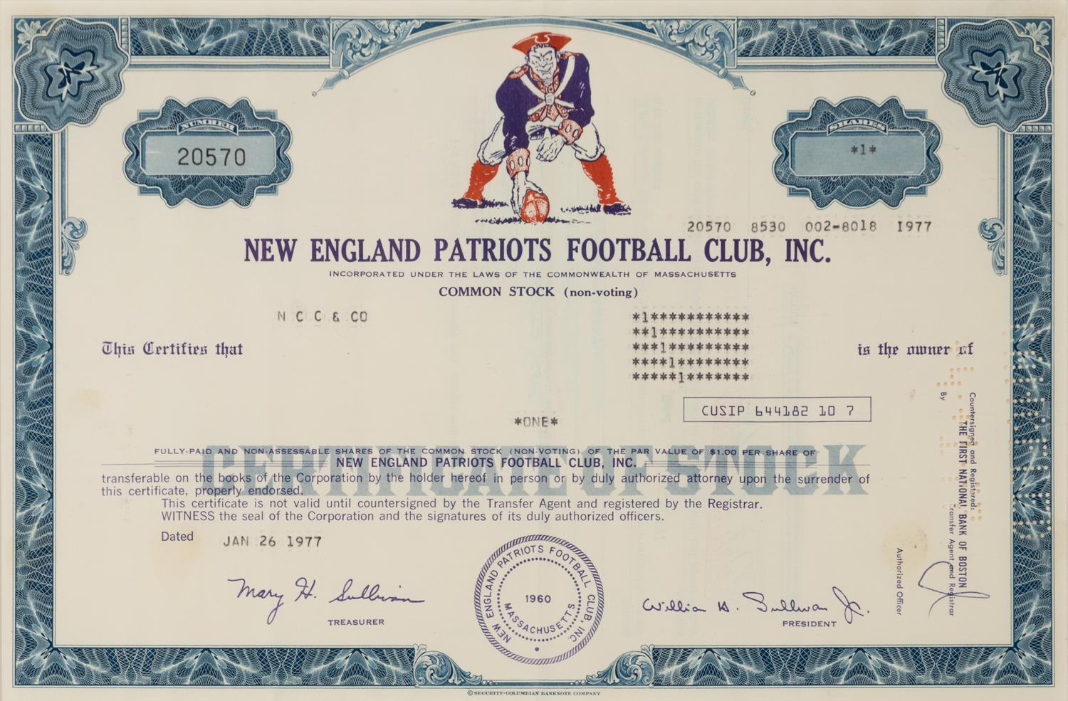 A 1977 New England Patriots Stock Certificate,