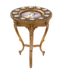 A Sevres Style Porcelain Inset Giltwood Center Table, Height 29 3/4 x diameter 21 3/4 inches.