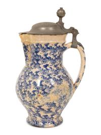 A Pewter Mounted Blue and White Spatterware Tankard
