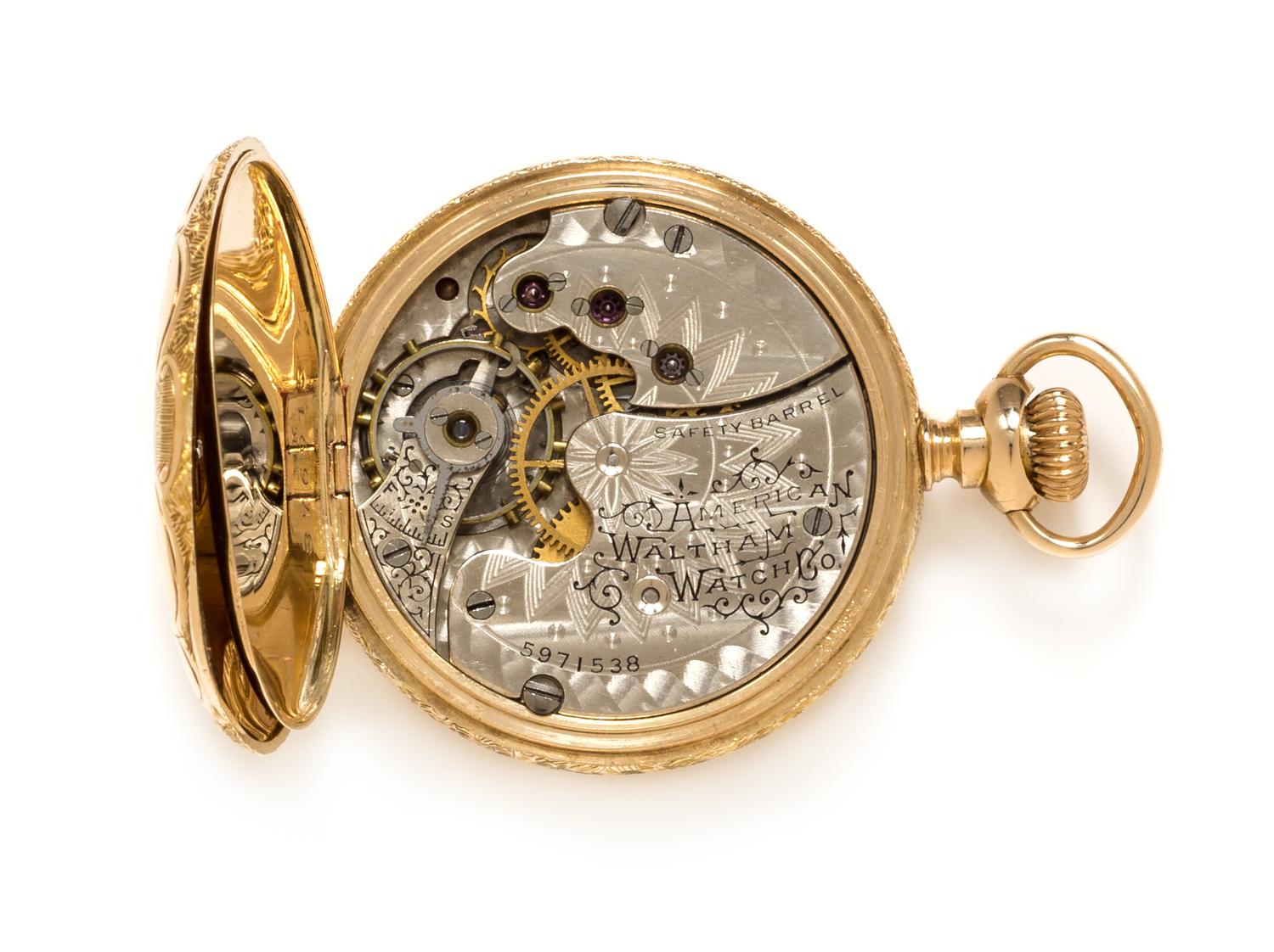 A 14 Karat Yellow Gold and Diamond Hunter Case Pocket Watch, Waltham, Circa 1893, 20.70 dwts.
