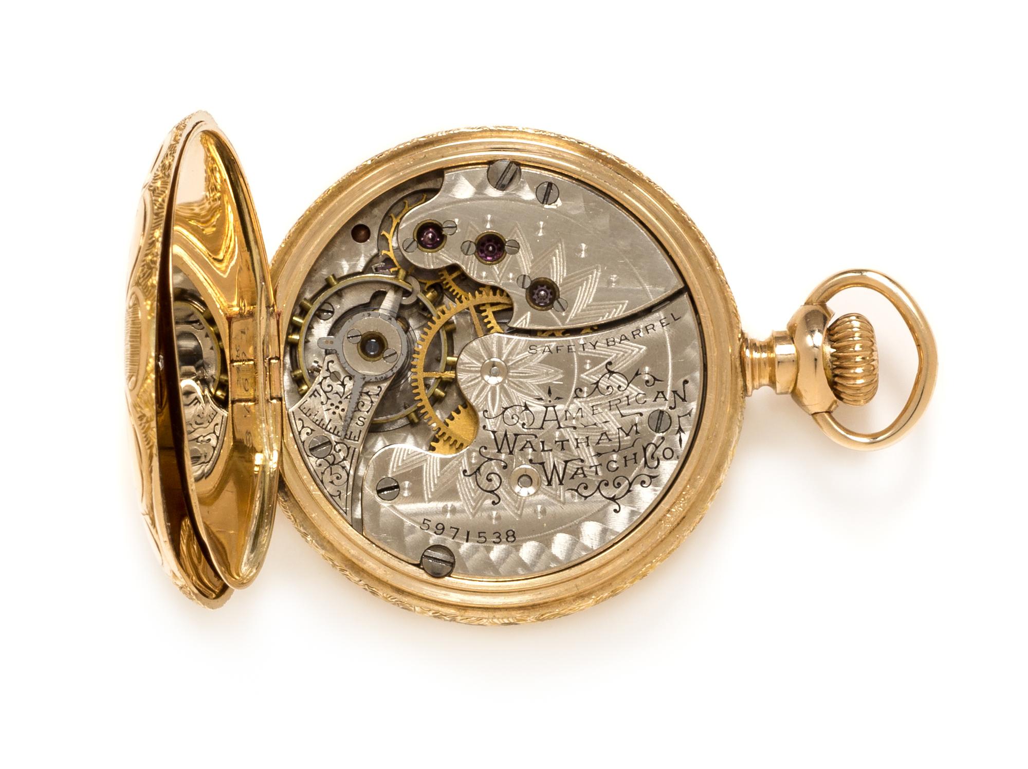 A 14 Karat Yellow Gold and Diamond Hunter Case Pocket Watch, Waltham, Circa 1893, 20.70 dwts.