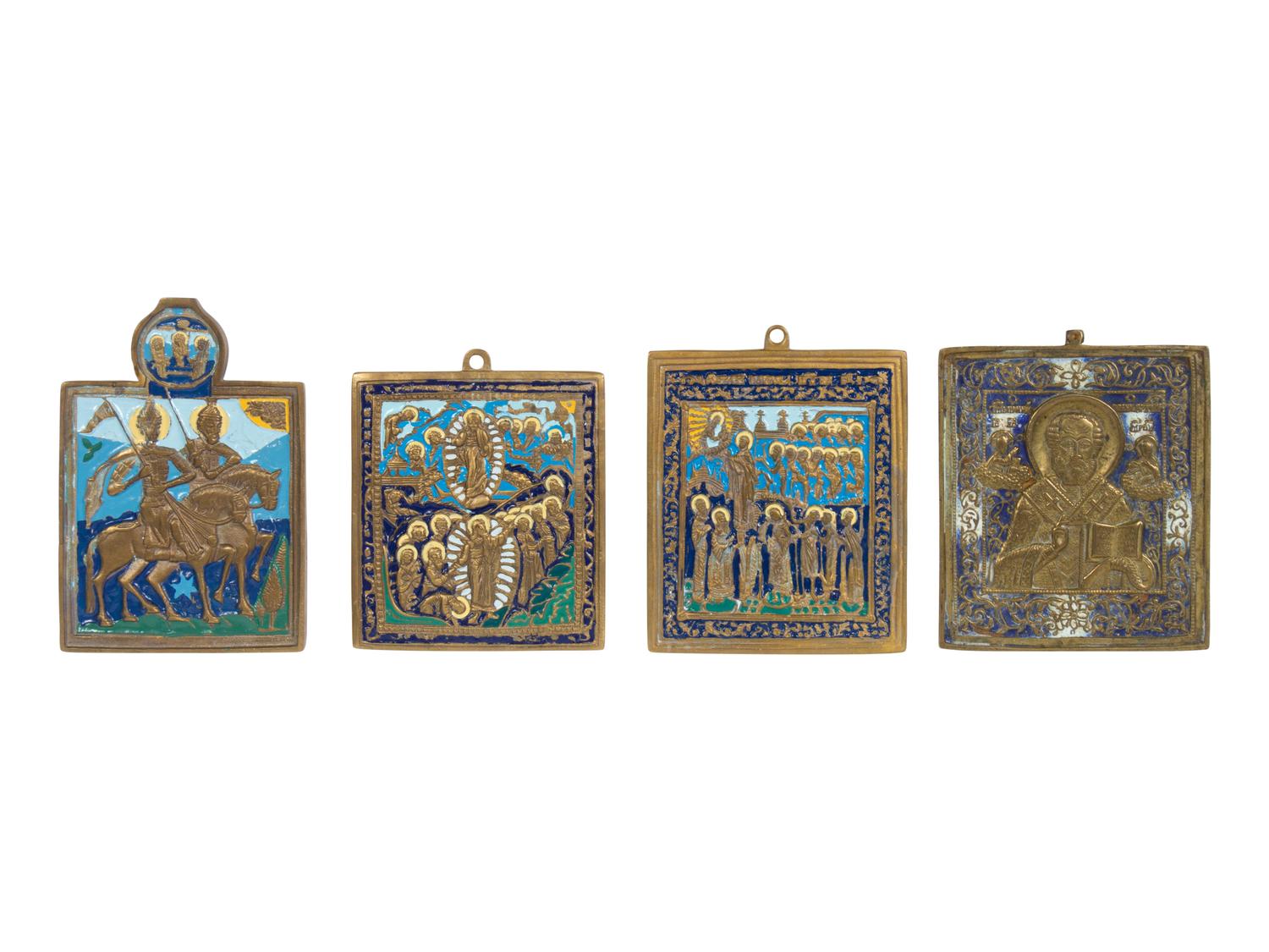 Six Russian Enamel Decorated Cast Bronze Icon Articles