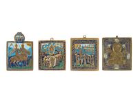 Six Russian Enamel Decorated Cast Bronze Icon Articles