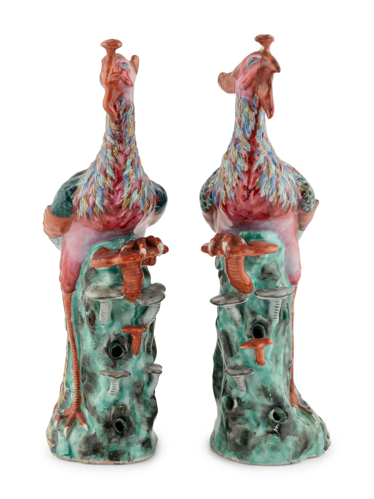 A Pair of Chinese Export Porcelain Phoenix Birds with Italian Giltwood Brackets