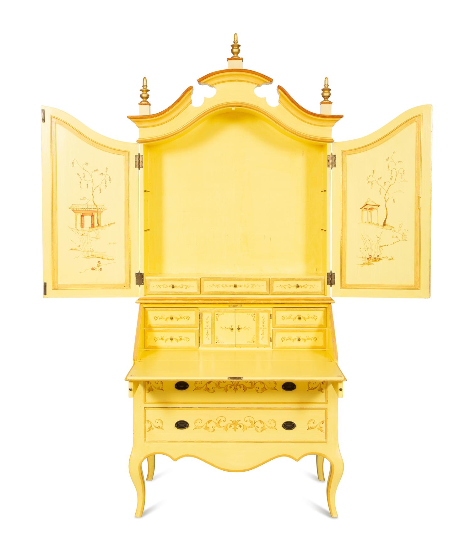 A Venetian Style Painted and Parcel Gilt Bureau Cabinet