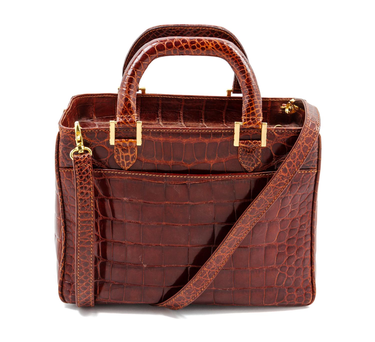 A Lana Marks Cognac Alligator Box Bag, 9 1/2 x 6 1/2 x 4 1/2 inches.