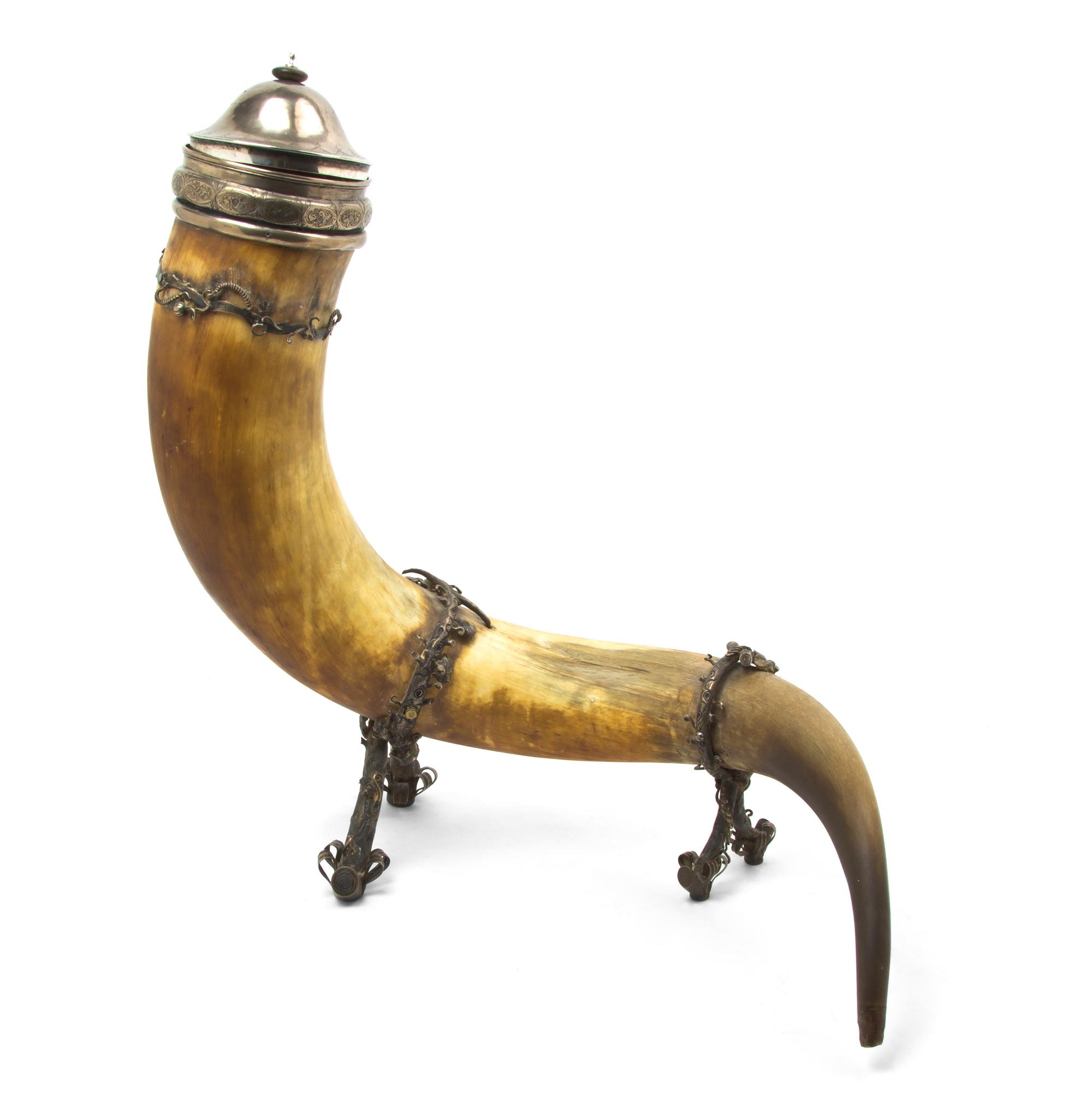 A Swedish Silver Mounted Presentation Horn, Height 20 3/4 x width 18 inches.