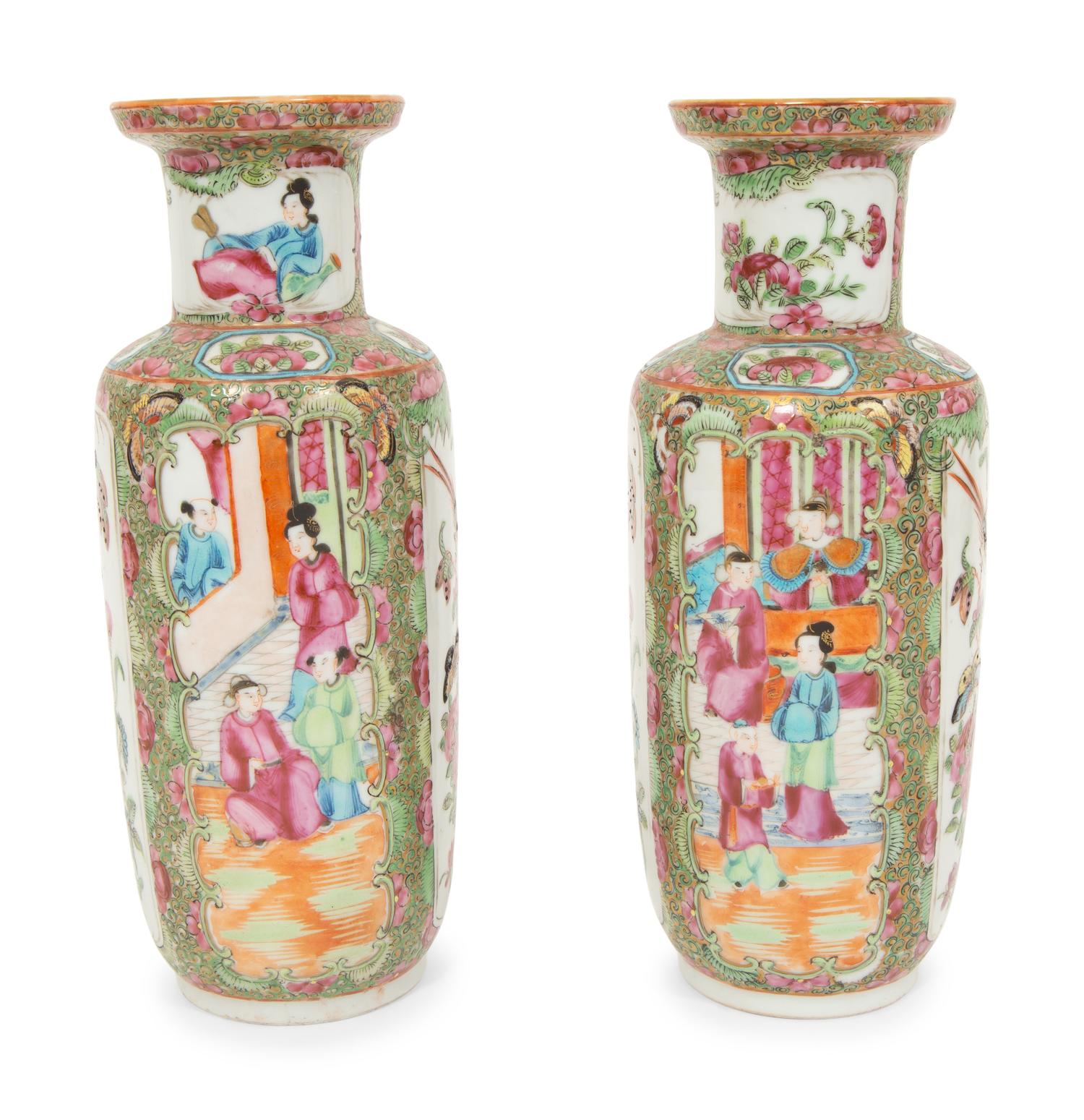 A Pair of Chinese Export Canton Famille Rose Rouleau-form Vases