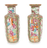 A Pair of Chinese Export Canton Famille Rose Rouleau-form Vases