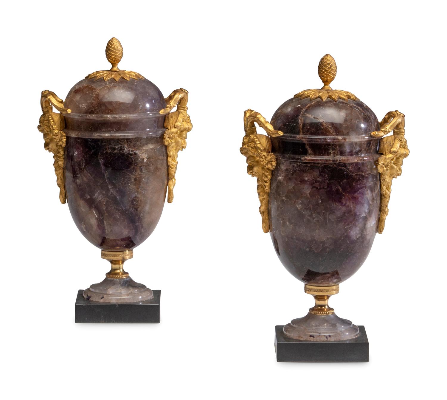 A Pair of George III Gilt Bronze Mounted Blue John Cassolettes