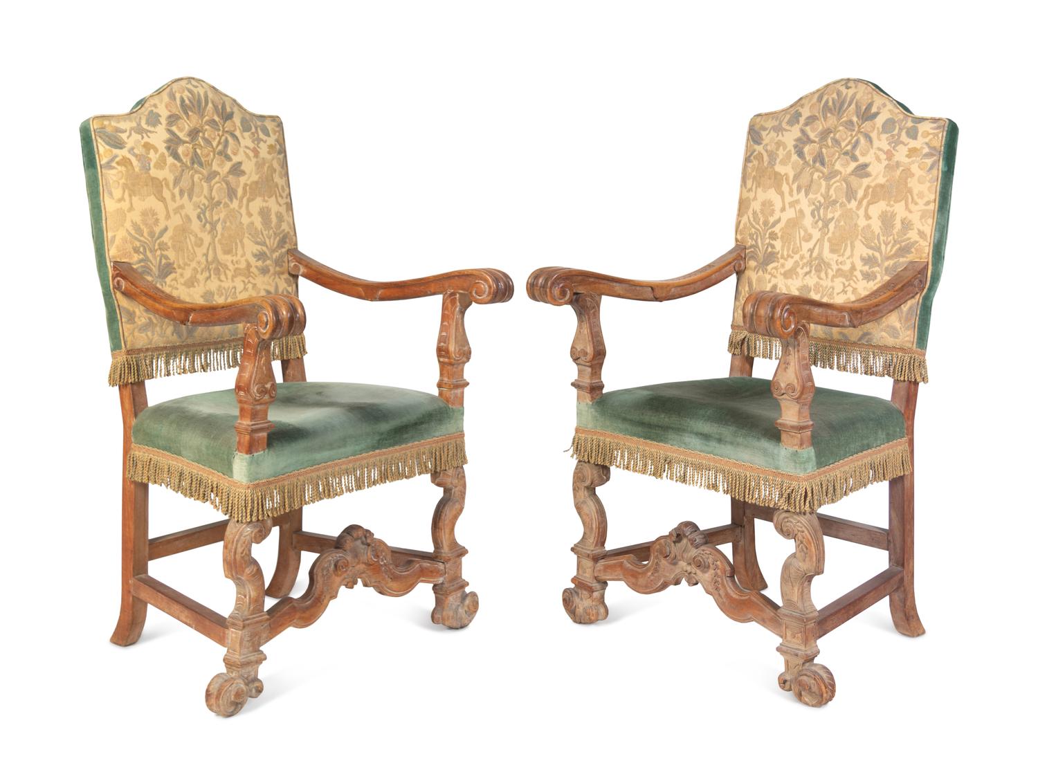 A Pair of Italian Baroque Walnut Armchairs