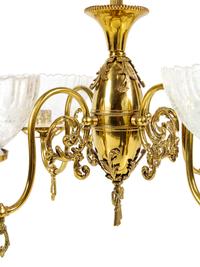A Victorian Brass and Etched Glass Gasoline Chandelier Converted to Electric
