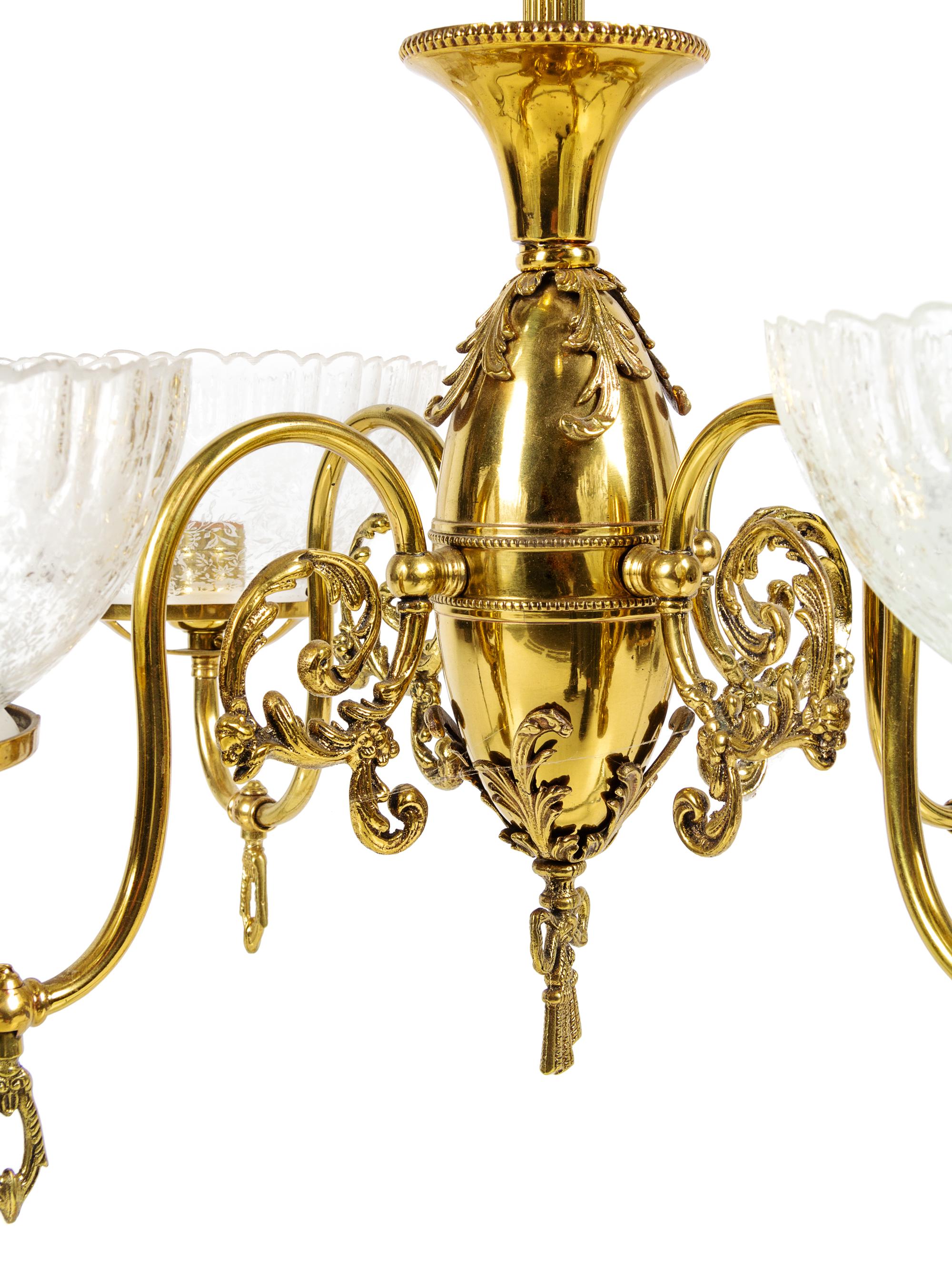 A Victorian Brass and Etched Glass Gasoline Chandelier Converted to Electric