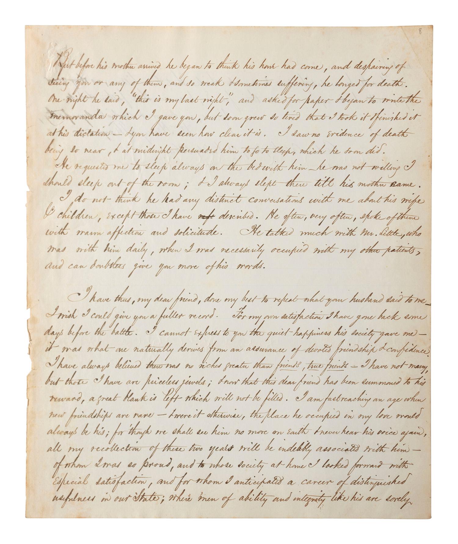 [CIVIL WAR]. THAYER, William Henry. Autograph letter signed ("Wm. Henry Thayer") as regimental surgeon, 14th New Hampshire Infantry, describing the wounding, treatment, and death of his fellow soldier Colonel Alexander Gardiner who was mortally injured at the Battle of Opequan. Winchester, VA, 9 October 1864.
