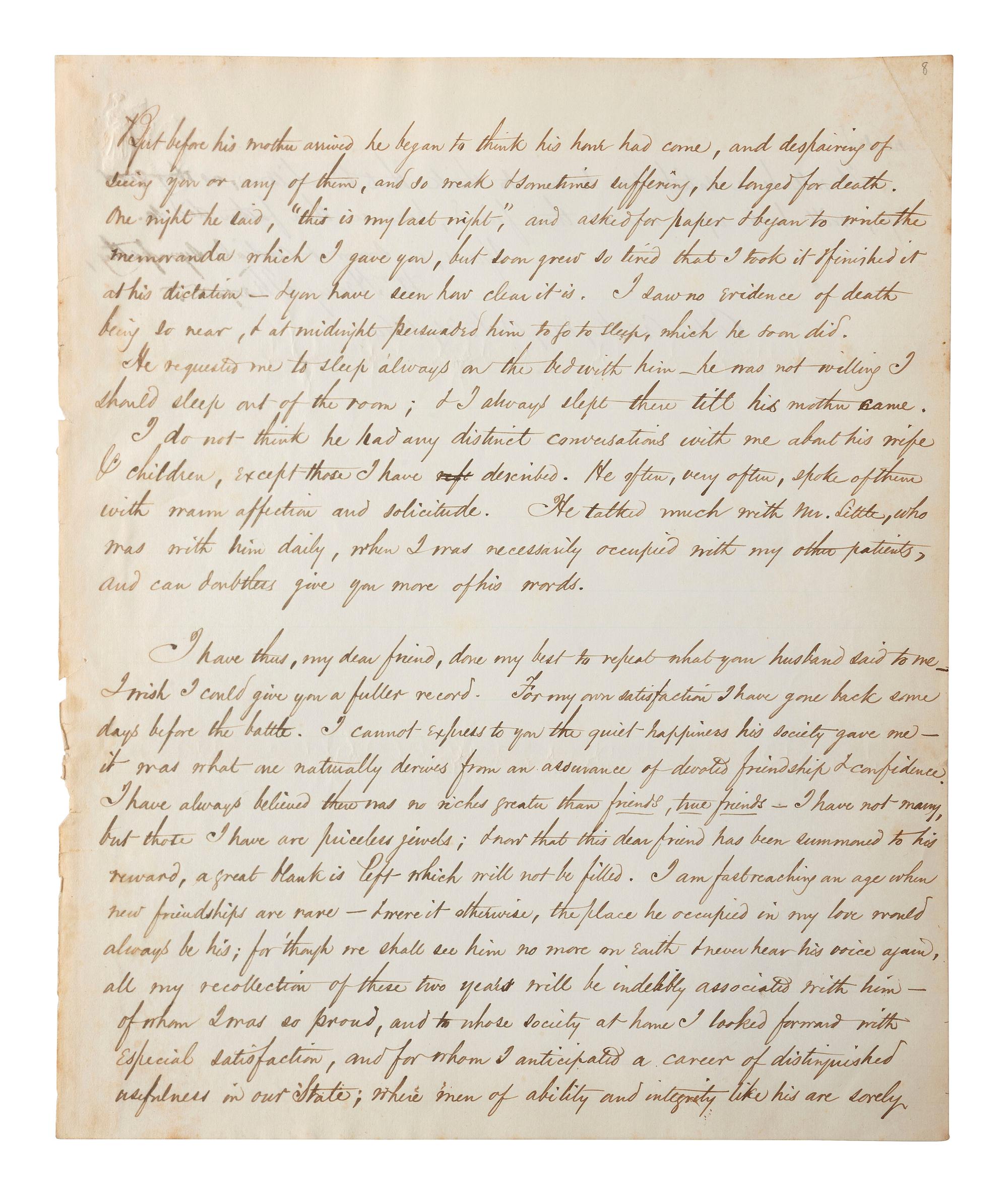 [CIVIL WAR]. THAYER, William Henry. Autograph letter signed ("Wm. Henry Thayer") as regimental surgeon, 14th New Hampshire Infantry, describing the wounding, treatment, and death of his fellow soldier Colonel Alexander Gardiner who was mortally injured at the Battle of Opequan. Winchester, VA, 9 October 1864.