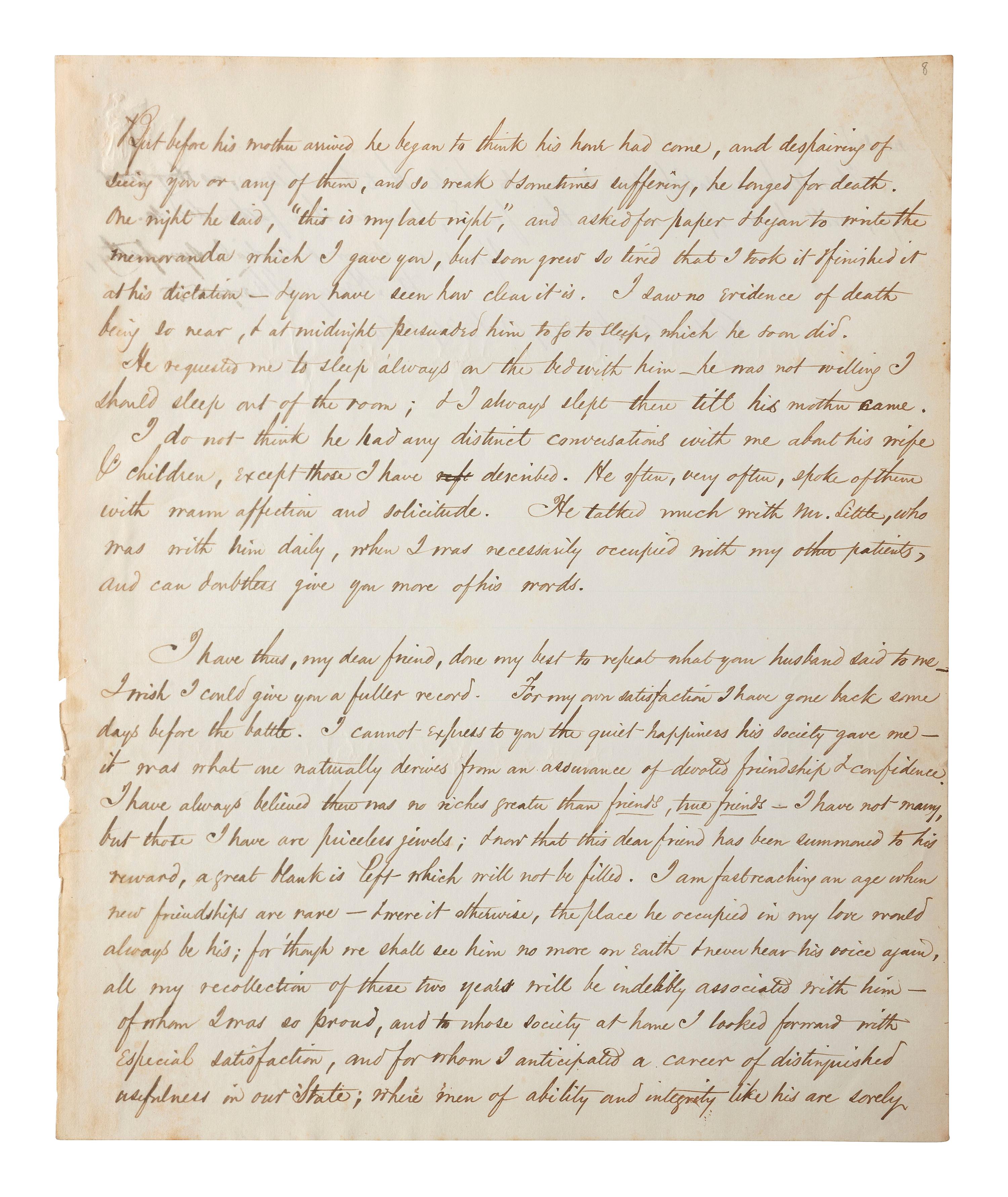 [CIVIL WAR]. THAYER, William Henry. Autograph letter signed ("Wm. Henry Thayer") as regimental surgeon, 14th New Hampshire Infantry, describing the wounding, treatment, and death of his fellow soldier Colonel Alexander Gardiner who was mortally injured at the Battle of Opequan. Winchester, VA, 9 October 1864.