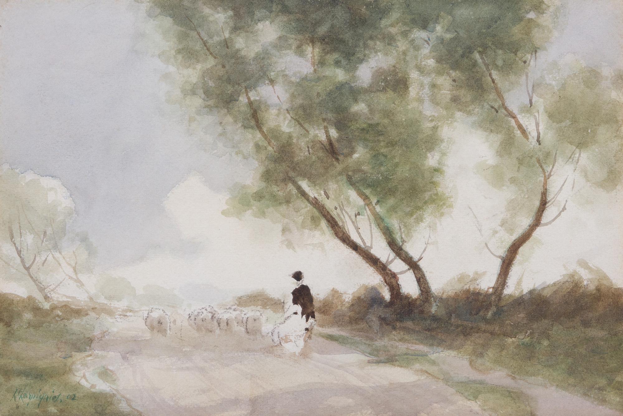 Henri Joseph Harpignies, (French, 1819-1916), Sheperd and Flock, 1902