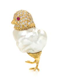 An 18 Karat Yellow Gold, Baroque Pearl, Diamond and Ruby Bird Brooch, Seaman Schepps, 10.20 dwts.