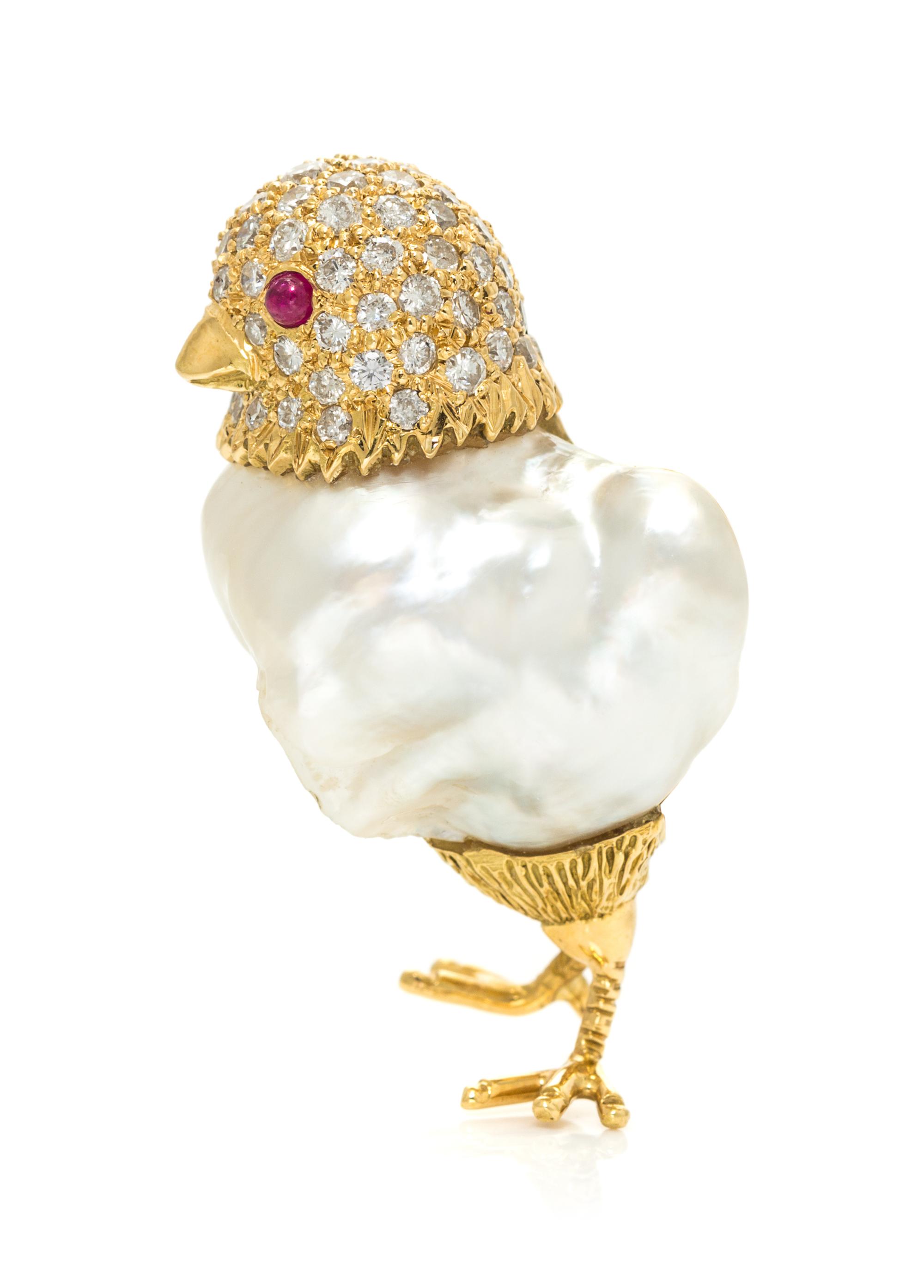An 18 Karat Yellow Gold, Baroque Pearl, Diamond and Ruby Bird Brooch, Seaman Schepps, 10.20 dwts.