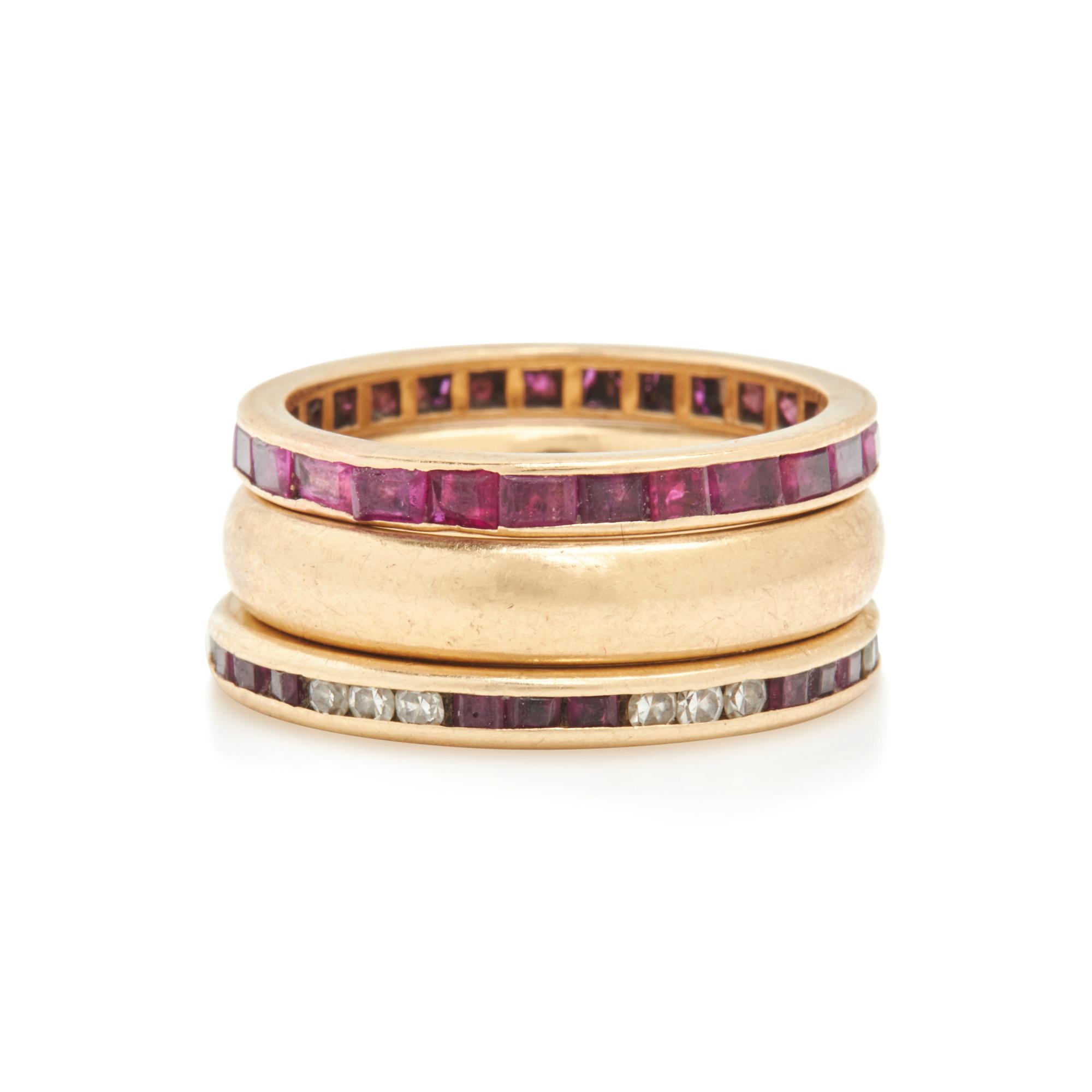 COLLECTION OF YELLOW GOLD, RUBY AND DIAMOND BANDS