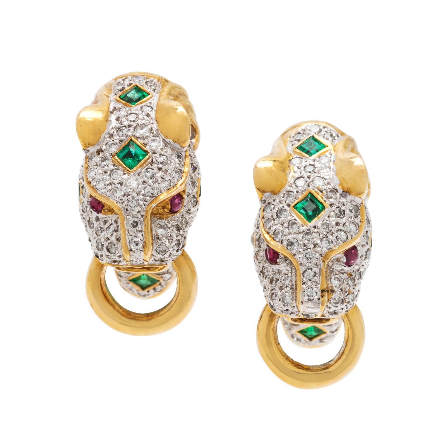 LEVIAN, DIAMOND AND GEMSTONE PANTHER EARCLIPS