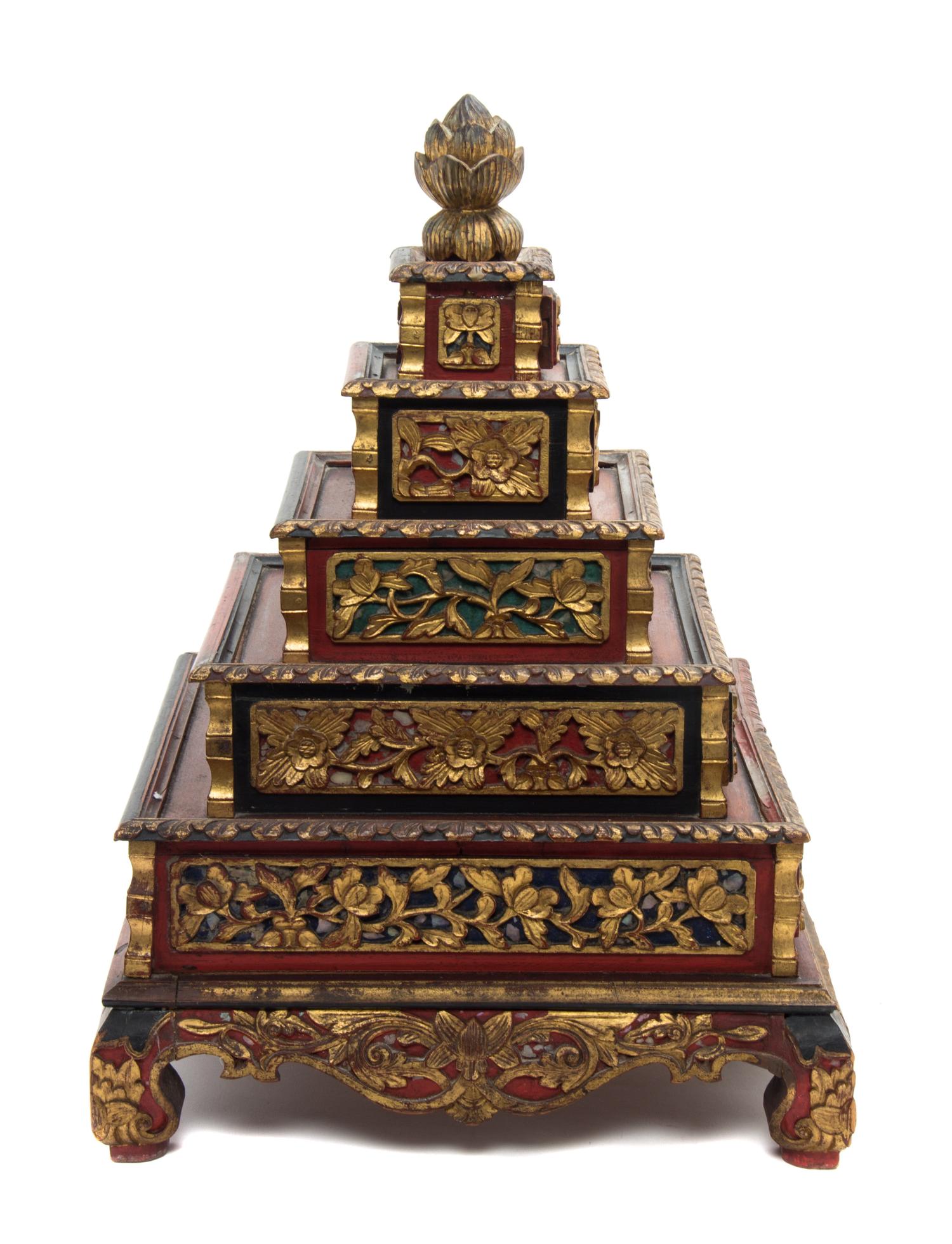 A Chinese Parcel Gilt Red Lacquer Carved Wood Dressing Mirror Height of mirror 31 x width 20 inches. — LATE 19th CENTURY