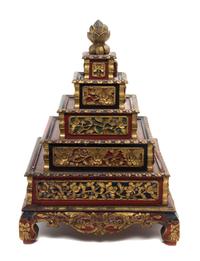 A Chinese Parcel Gilt Red Lacquer Carved Wood Dressing Mirror Height of mirror 31 x width 20 inches. — LATE 19th CENTURY
