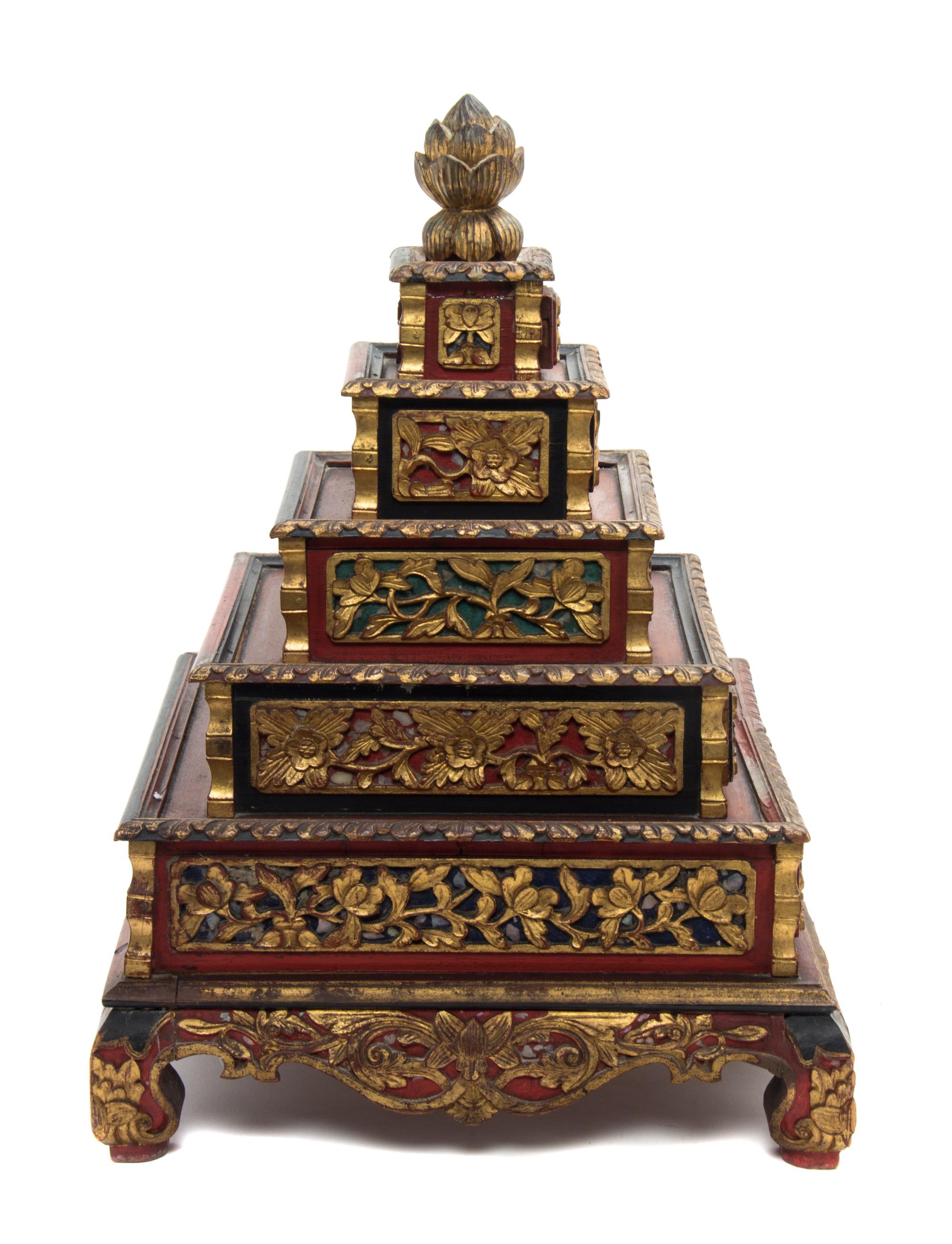 A Chinese Parcel Gilt Red Lacquer Carved Wood Dressing Mirror Height of mirror 31 x width 20 inches. — LATE 19th CENTURY