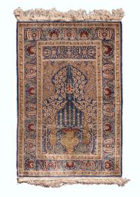An Indo-Isfahan Silk Prayer Rug 4 feet 10 inches x 3 feet 4 inches. — SECOND HALF 20TH CENTURY