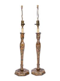 A Pair of Polychrome Lacquered Candlesticks Mounted as Lamps