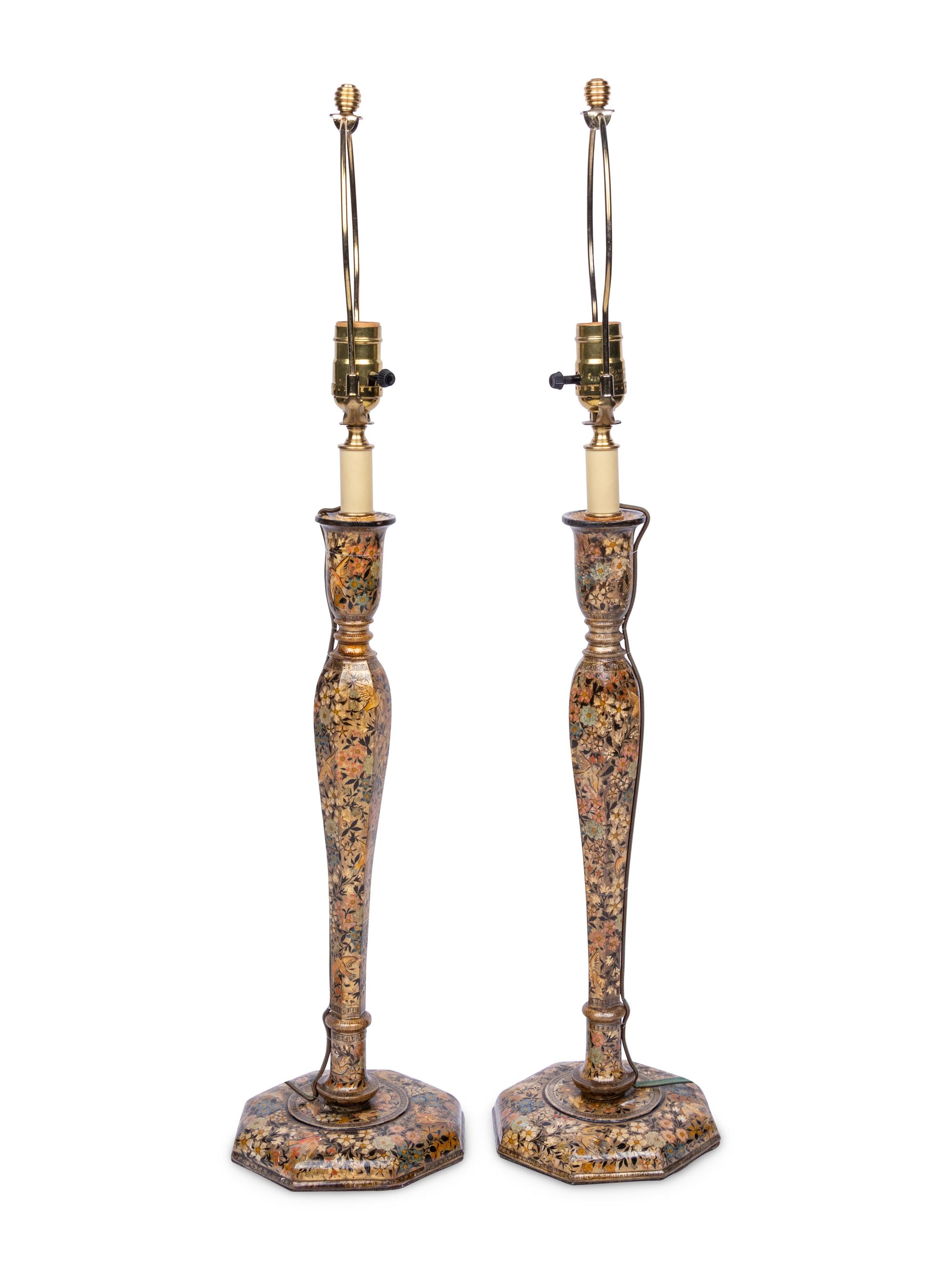 A Pair of Polychrome Lacquered Candlesticks Mounted as Lamps