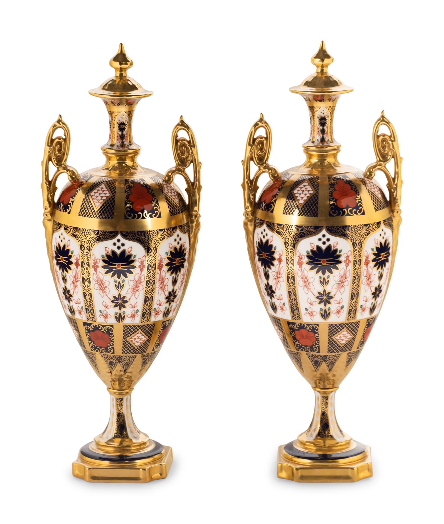 A Pair of Royal Crown Derby Porcelain Urns