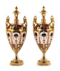 A Pair of Royal Crown Derby Porcelain Urns