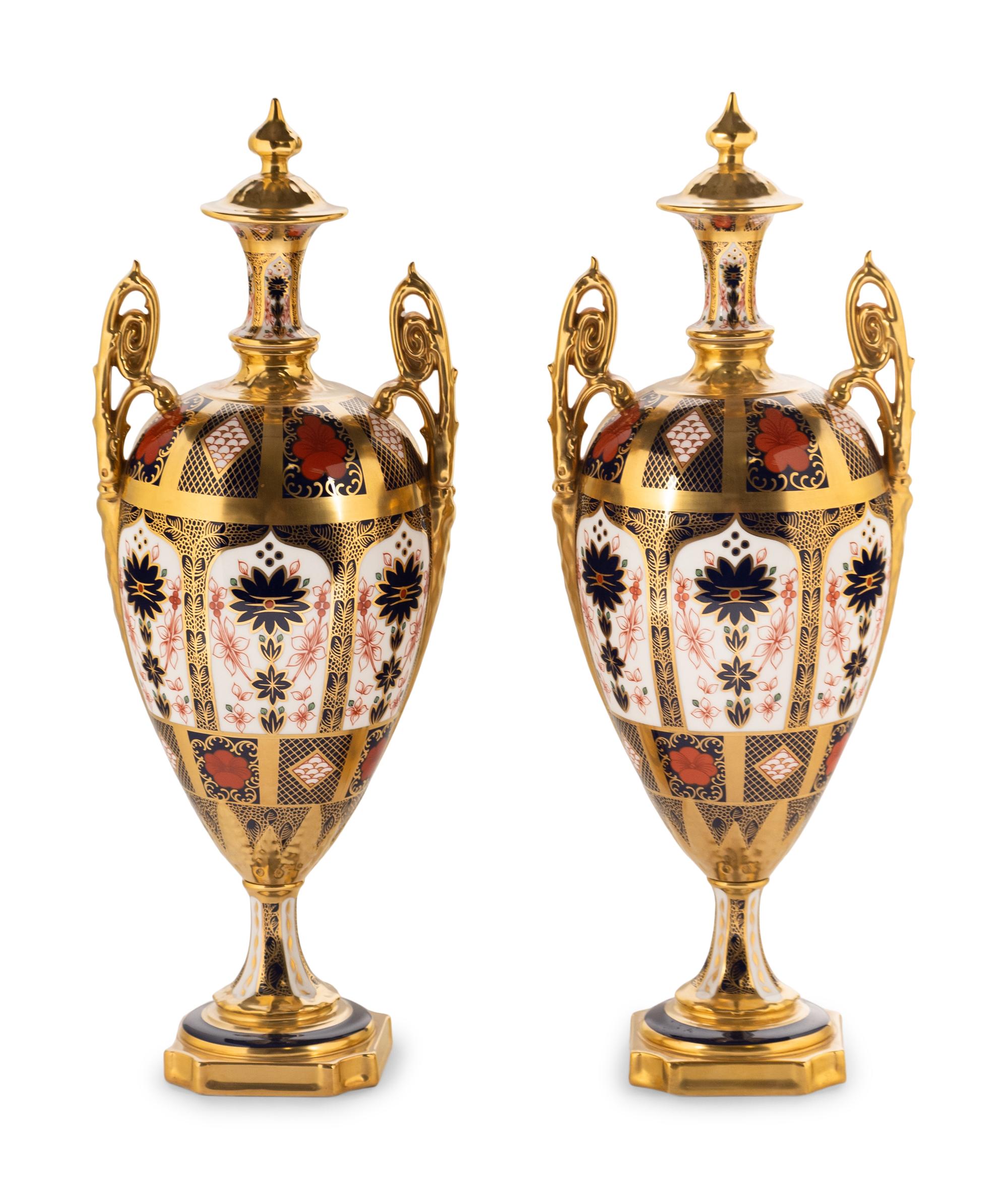 A Pair of Royal Crown Derby Porcelain Urns