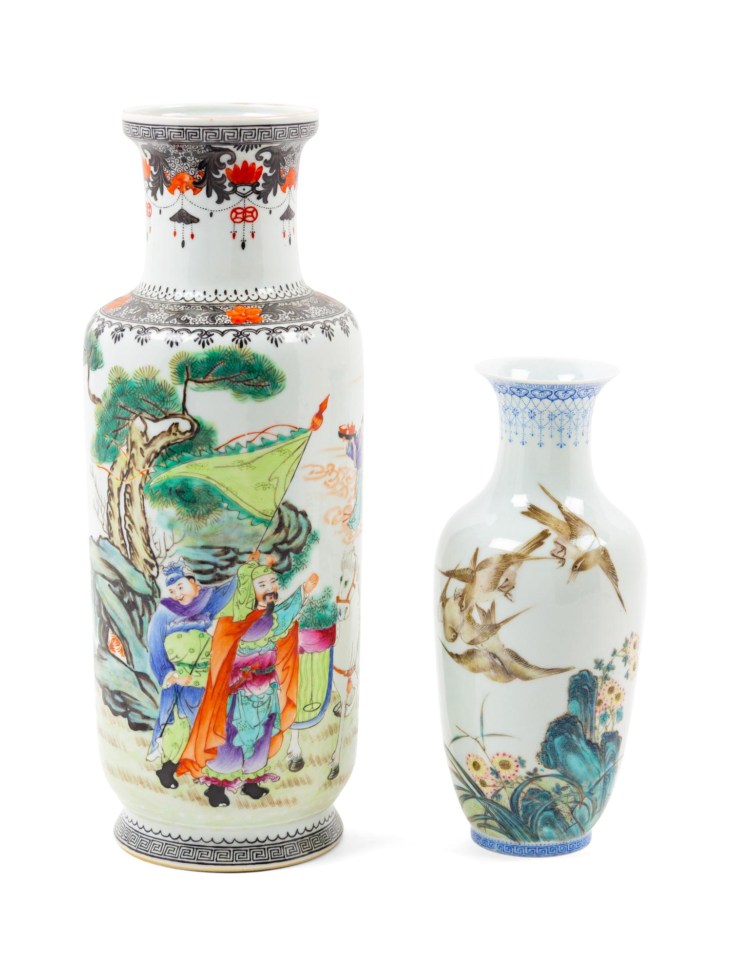 Two Chinese Famille Verte Porcelain Rouleau Vases