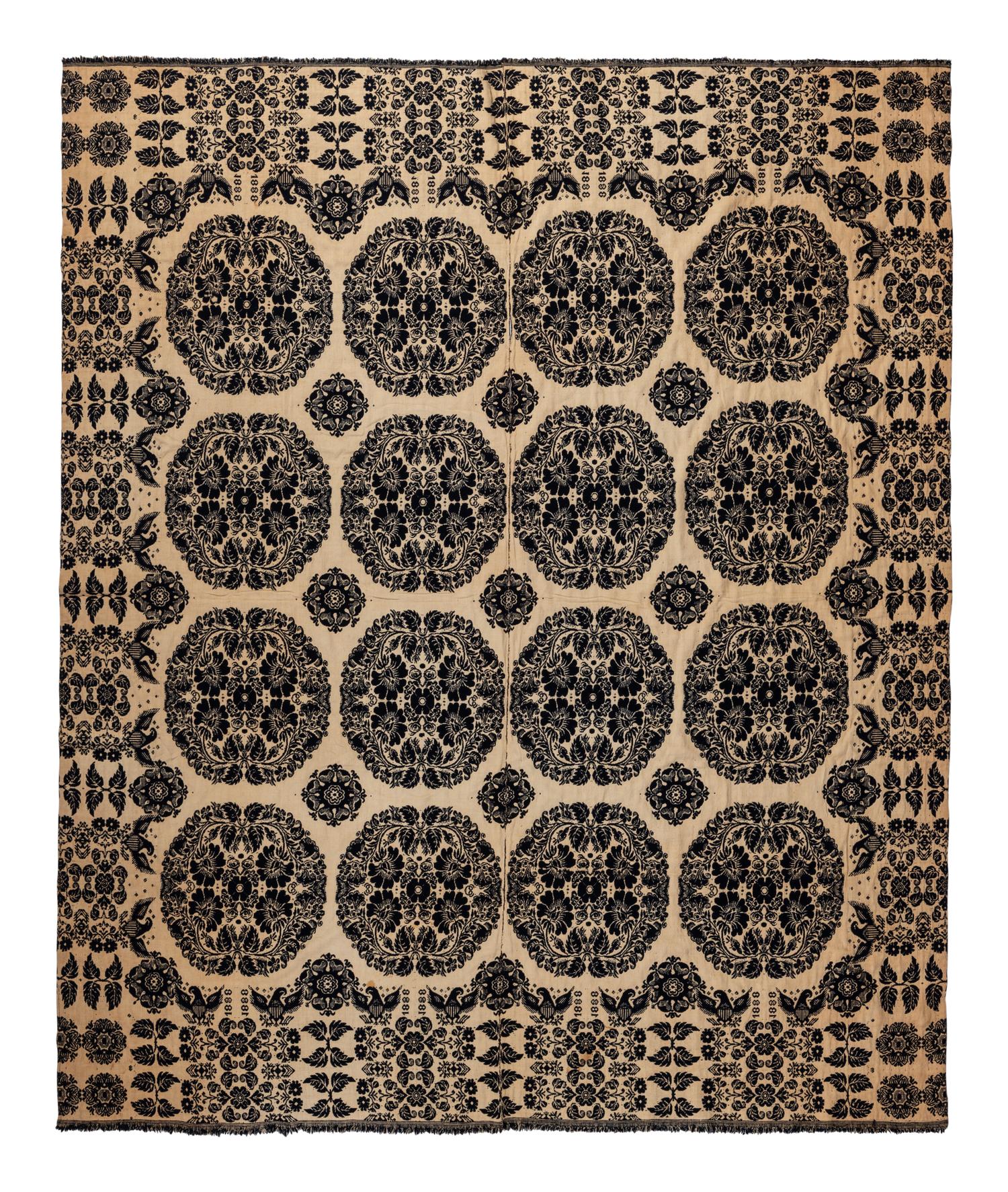 A Flower Medallion, Eagle and Shield Jacquard Coverlet
