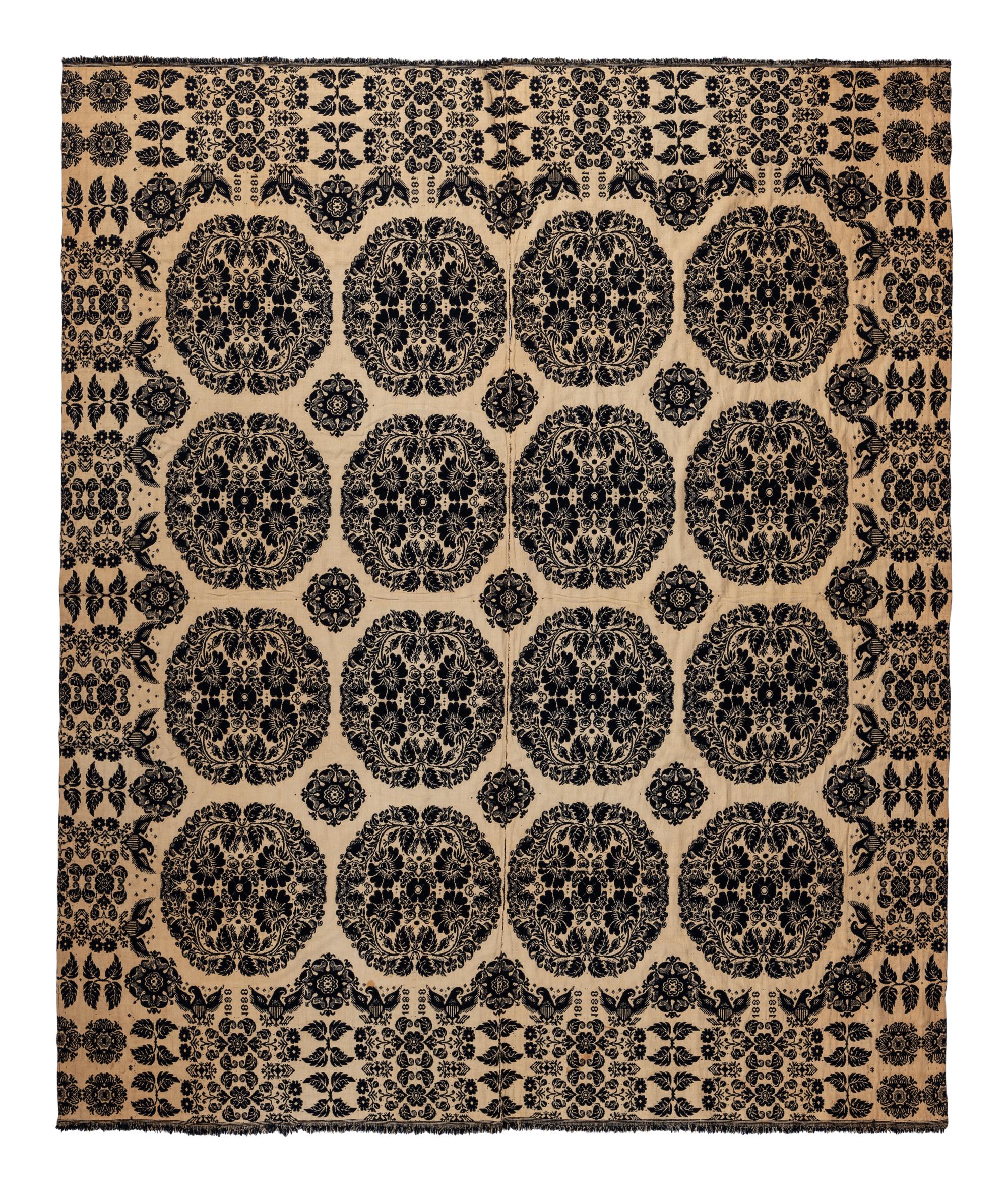 A Flower Medallion, Eagle and Shield Jacquard Coverlet