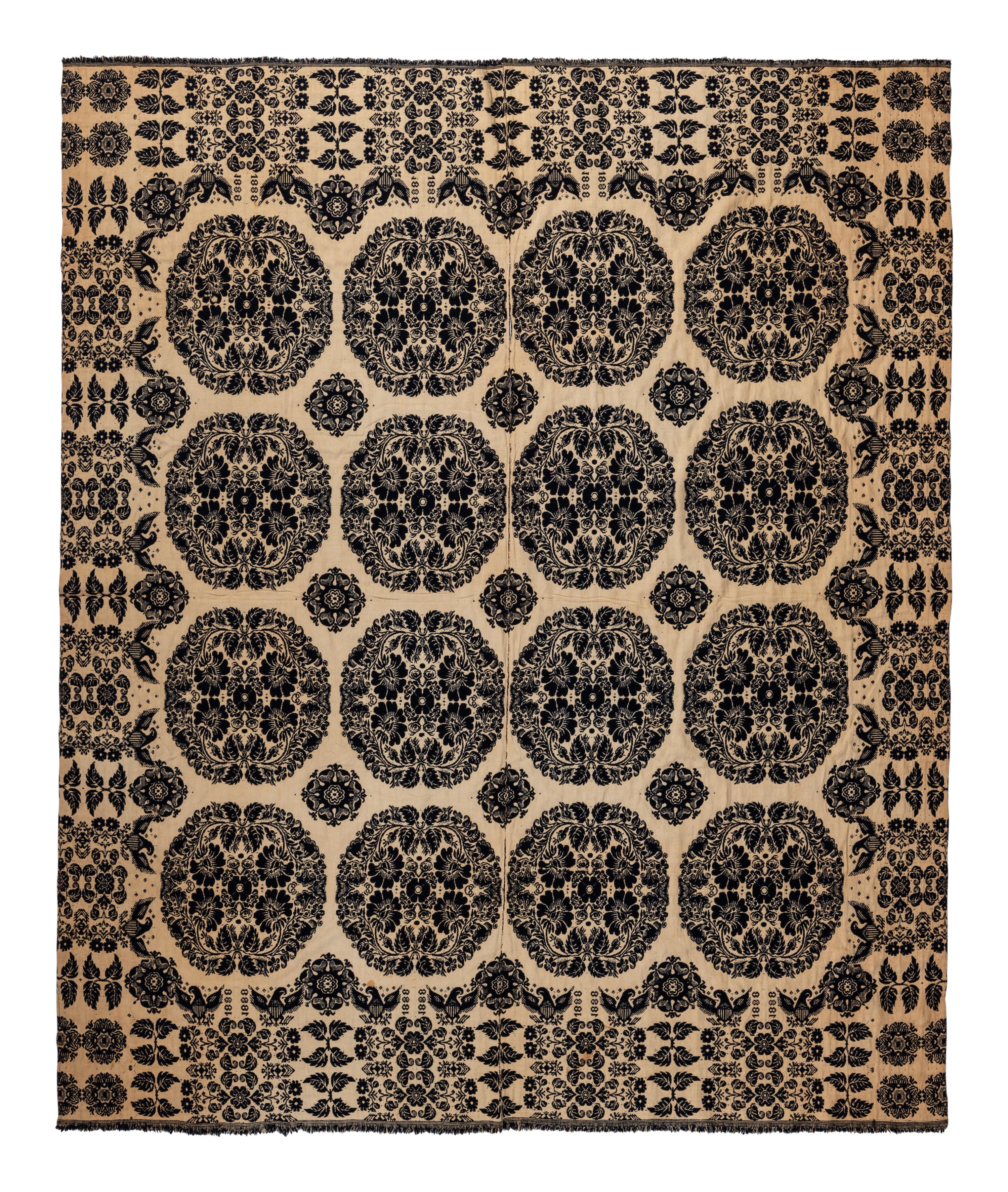 A Flower Medallion, Eagle and Shield Jacquard Coverlet