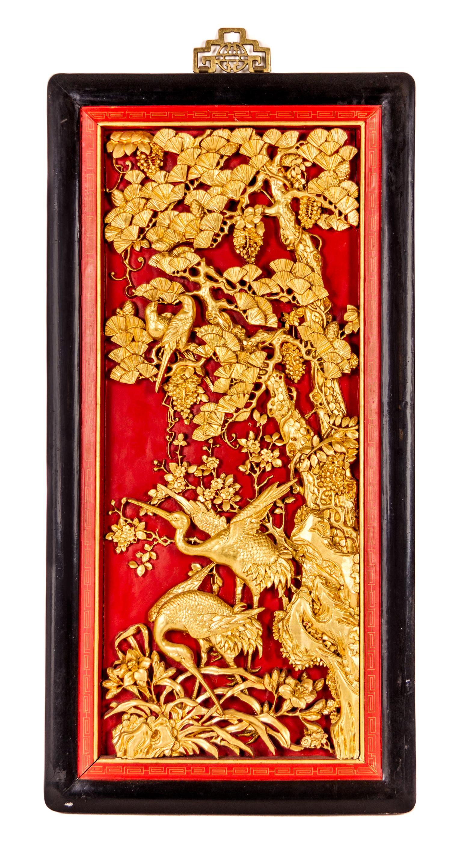 Four Gilt and Red Lacquer Wood Panels Height of each panel 33 x 15 3/4 inches.