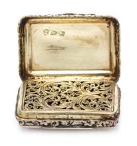 A George III Silver Vinaigrette, Joseph Willmore, Birmingham, 1817, the lid centered by a monogrammed cartouche with sunburst decoratio