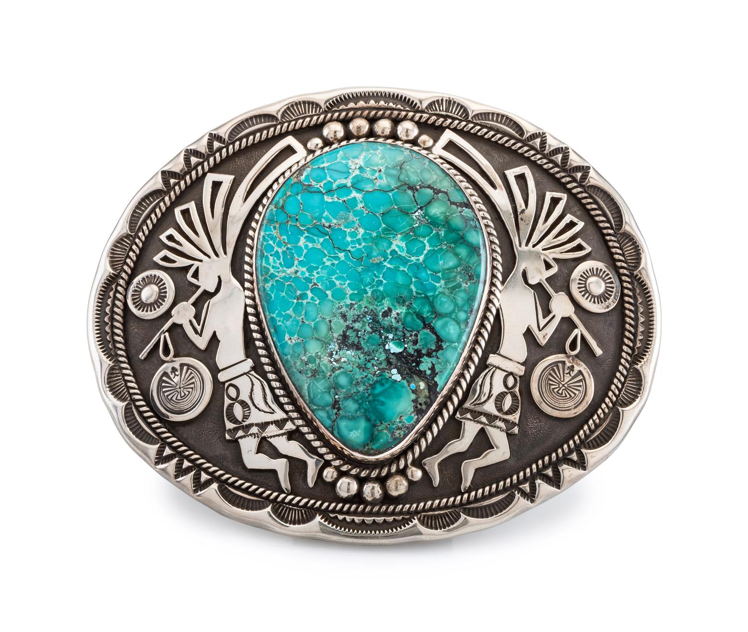 Oversized Sterling Silver Kokopelli Belt Buckle, with Variscite Cabochon