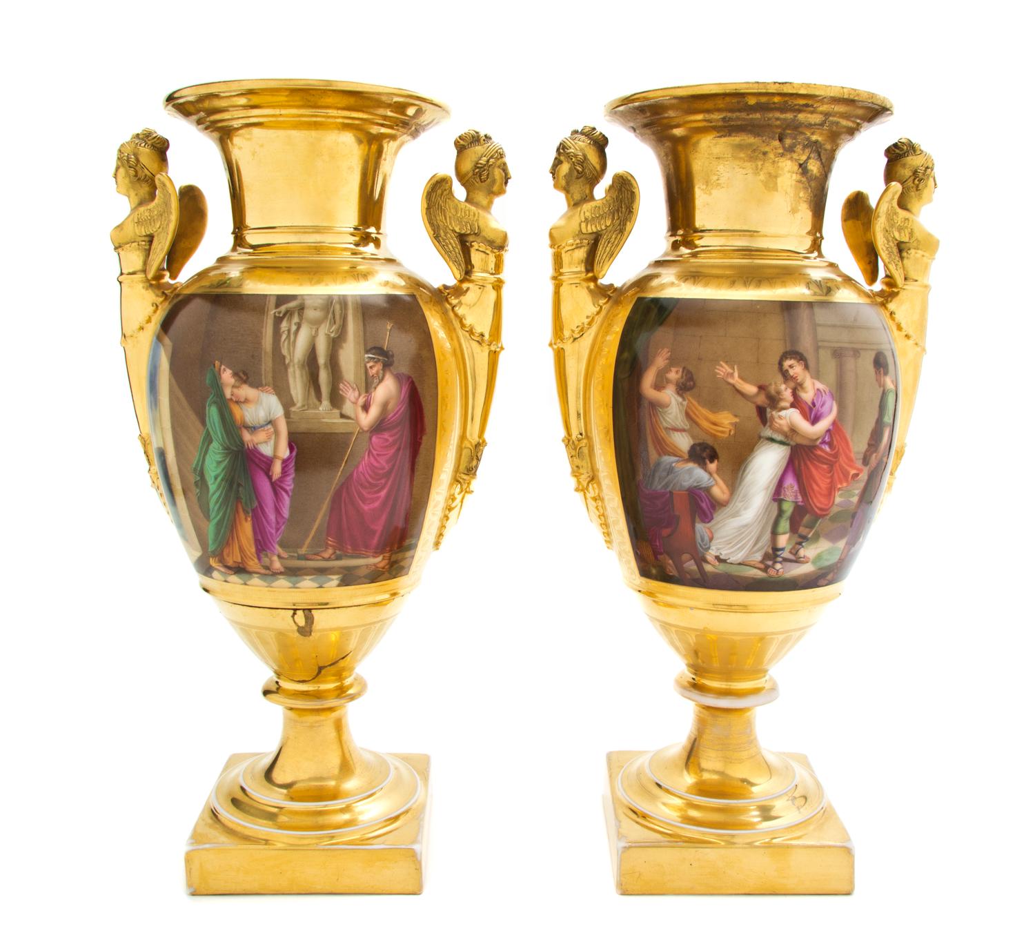 A Pair of Paris Parcel Gilt Porcelain Vases, Height 16 inches.