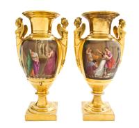 A Pair of Paris Parcel Gilt Porcelain Vases, Height 16 inches.