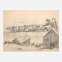 John Fulton Folinsbee (American, 1892-1972) 'Farm, Overturned Boat on Water', together with 'Cabin and Pines'